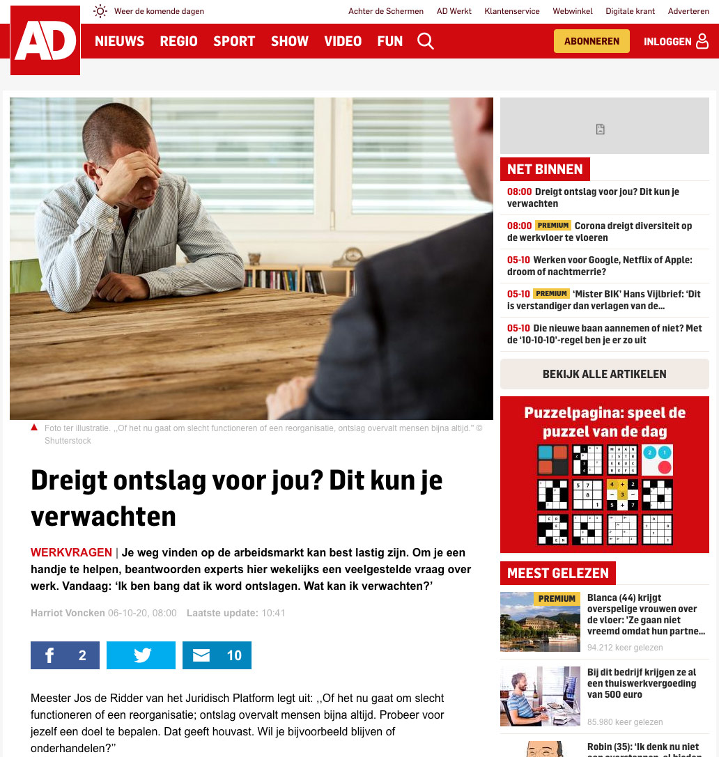 Ad werkvragen dreigend ontslag